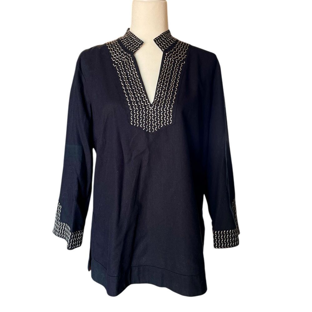 Kenar Linen Tunic Top Navy Blue Silver Embroidered Long Sleeve Womens Size 14